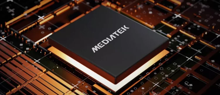 Ilustrasi chip prosesor MediaTek dengan logo berwarna putih di atas sirkuit digital berwarna oranye dan emas yang bersinar, melambangkan teknologi dan kecepatan.