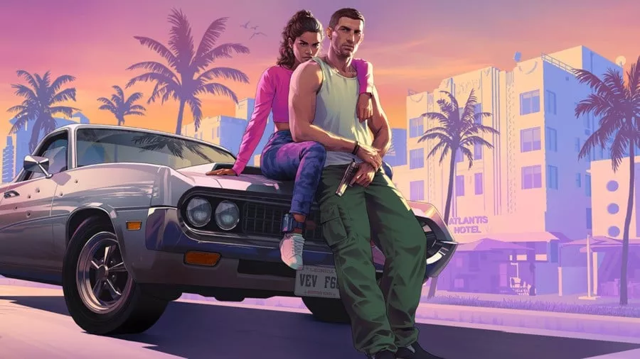 Ilustrasi seni karakter utama GTA 6, seorang pria dan wanita, sedang berpose di atas kap mobil dengan latar belakang Vice City dan pohon palem saat matahari terbenam.