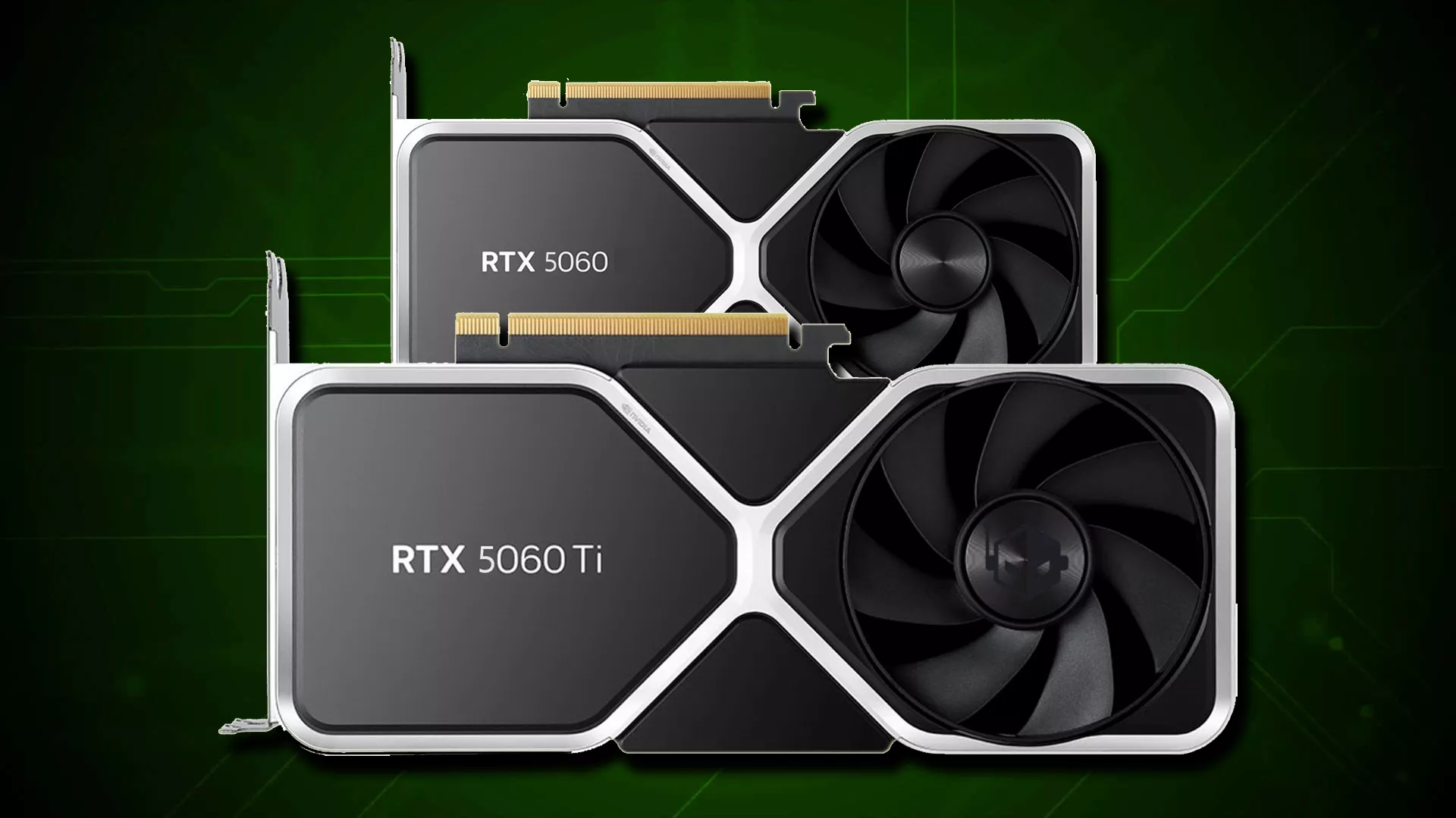 Dua kartu grafis NVIDIA GeForce RTX 5060 dan RTX 5060 Ti dengan desain pendingin ganda.