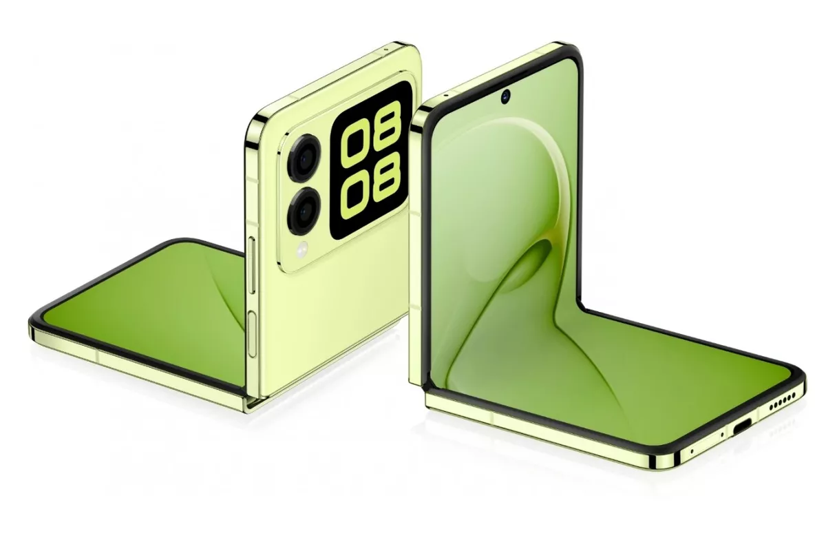 Tampilan close-up dari smartphone lipat Huawei yang ditekuk pada engsel, menonjolkan fitur flex mode atau free-stop hinge.