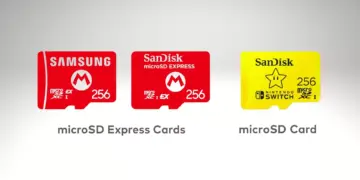 Konsol game Nintendo Switch atau sejenisnya, dengan fokus pada slot untuk kartu MicroSD.