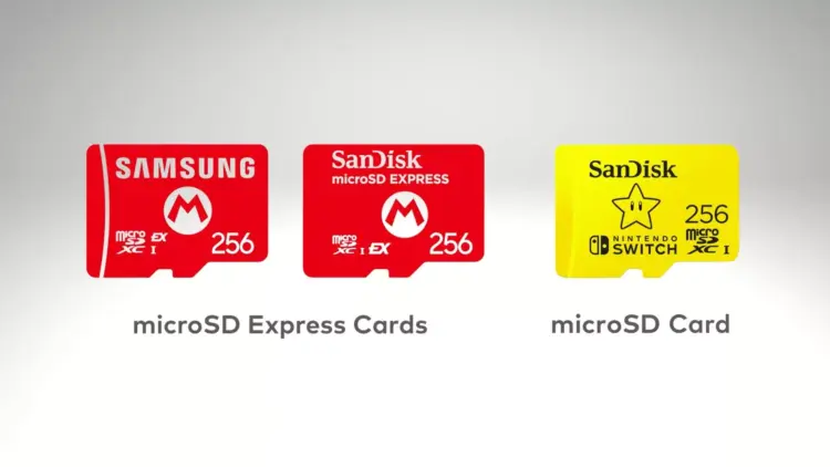 Konsol game Nintendo Switch atau sejenisnya, dengan fokus pada slot untuk kartu MicroSD.