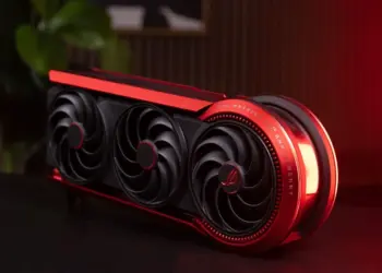 Tampilan desain gahar kartu grafis ROG Matrix RTX 5090 Edisi 30 Tahun ASUS dengan sistem pendingin quad-fan dan liquid metal.