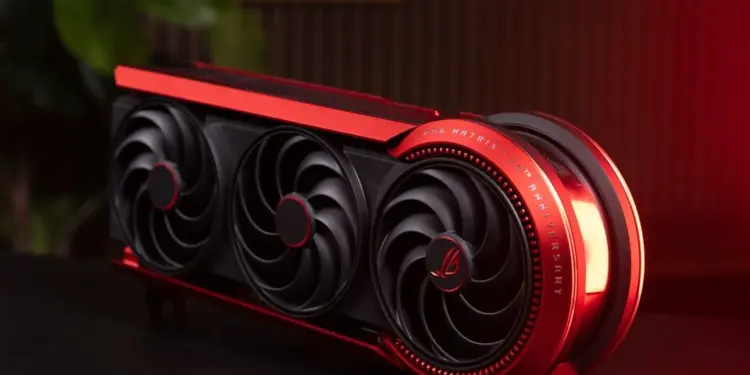 Tampilan desain gahar kartu grafis ROG Matrix RTX 5090 Edisi 30 Tahun ASUS dengan sistem pendingin quad-fan dan liquid metal.