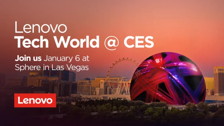 Gambar promosi Lenovo Tech World 2026 di Sphere Las Vegas, menampilkan skyline kota saat senja dan logo acara Lenovo Tech World @ CES.