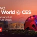 Gambar promosi Lenovo Tech World 2026 di Sphere Las Vegas, menampilkan skyline kota saat senja dan logo acara Lenovo Tech World @ CES.