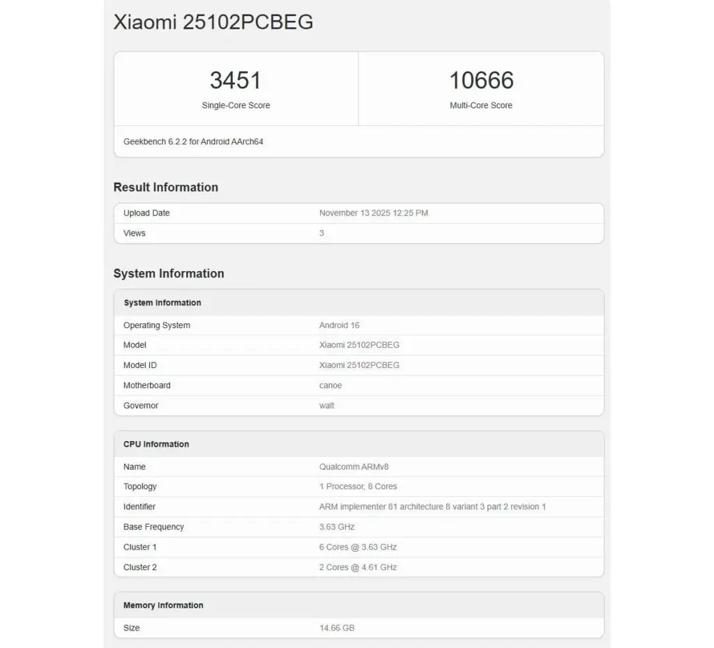 Skor Geekbench Poco F8 Ultra menunjukkan performa chipset Snapdragon 8 Elite Gen 5 dan RAM 16GB
