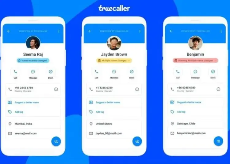 Tampilan antarmuka aplikasi Truecaller pada smartphone yang menampilkan fitur identifikasi nama penelepon sebagai solusi pencegah spam call.