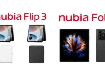 Render desain Nubia Fold (kanan) dengan modul kamera besar dan Nubia Flip 3 (kiri) dengan layar cover penuh dan dual flash di bawah.