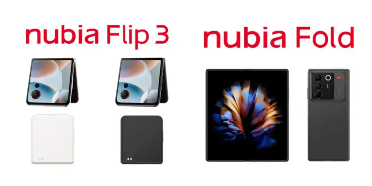 Render desain Nubia Fold (kanan) dengan modul kamera besar dan Nubia Flip 3 (kiri) dengan layar cover penuh dan dual flash di bawah.