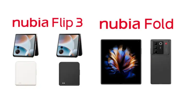 Render desain Nubia Fold (kanan) dengan modul kamera besar dan Nubia Flip 3 (kiri) dengan layar cover penuh dan dual flash di bawah.