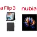 Render desain Nubia Fold (kanan) dengan modul kamera besar dan Nubia Flip 3 (kiri) dengan layar cover penuh dan dual flash di bawah.