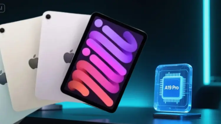 Tiga unit iPad mini 8 dalam warna silver, space gray, dan starlight melayang di depan grafis chipset A19 Pro, mengilustrasikan upgrade layar OLED dan performa.