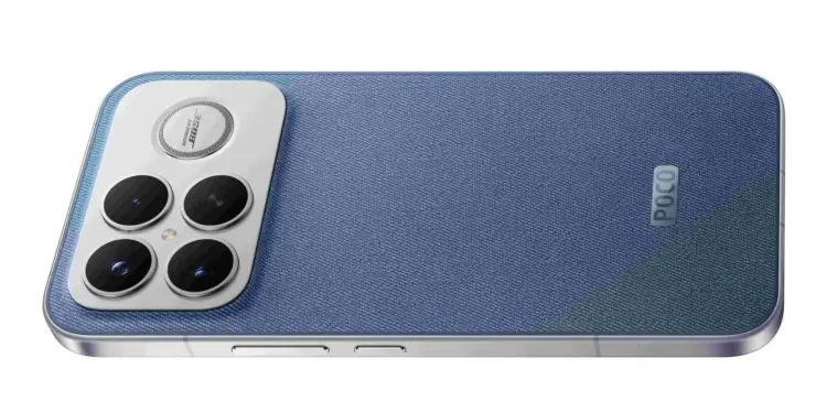 Tampilan desain belakang HP Poco F8 Ultra warna biru dengan modul kamera besar yang membawa lensa 50MP 5x optical zoom dan chipset Snapdragon 8 Elite.