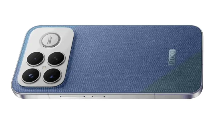 Tampilan desain belakang HP Poco F8 Ultra warna biru dengan modul kamera besar yang membawa lensa 50MP 5x optical zoom dan chipset Snapdragon 8 Elite.