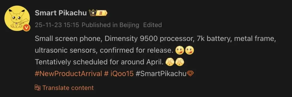Tangkapan layar postingan tipster Smart Pikachu yang membocorkan spesifikasi iQOO 15 Mini dengan baterai 7000mAh dan chipset Dimensity 9500.