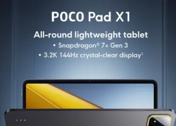 Poster teaser resmi Poco Pad X1 yang menampilkan desain tablet tipis dengan spesifikasi unggulan chipset Snapdragon 7+ Gen 3 dan layar 3.2K 144Hz.