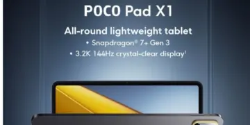 Poster teaser resmi Poco Pad X1 yang menampilkan desain tablet tipis dengan spesifikasi unggulan chipset Snapdragon 7+ Gen 3 dan layar 3.2K 144Hz.