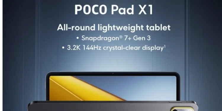 Poster teaser resmi Poco Pad X1 yang menampilkan desain tablet tipis dengan spesifikasi unggulan chipset Snapdragon 7+ Gen 3 dan layar 3.2K 144Hz.
