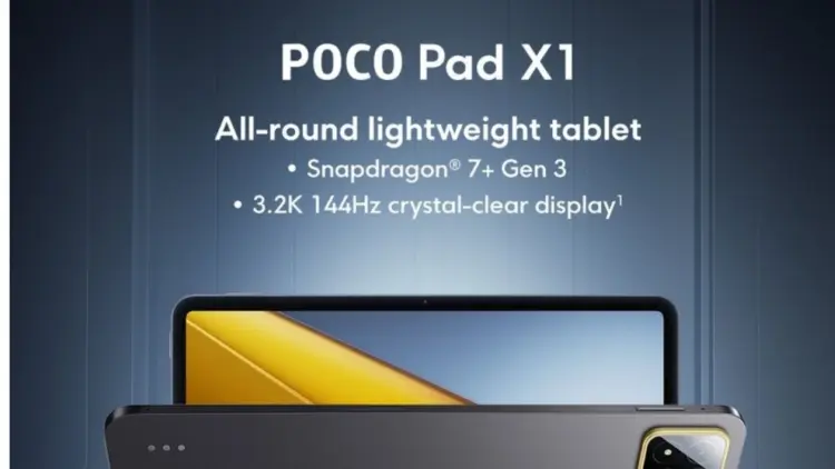 Poster teaser resmi Poco Pad X1 yang menampilkan desain tablet tipis dengan spesifikasi unggulan chipset Snapdragon 7+ Gen 3 dan layar 3.2K 144Hz.