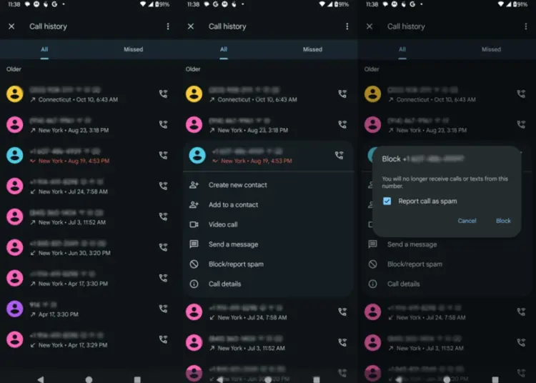 Tangkapan layar langkah-langkah memblokir nomor spam call secara manual melalui menu riwayat panggilan di HP Android.