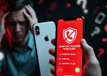 Ilustrasi layar smartphone menampilkan peringatan Spam Call Blocked dan Scam Alert sebagai solusi blokir panggilan penipuan di Android dan iPhone.