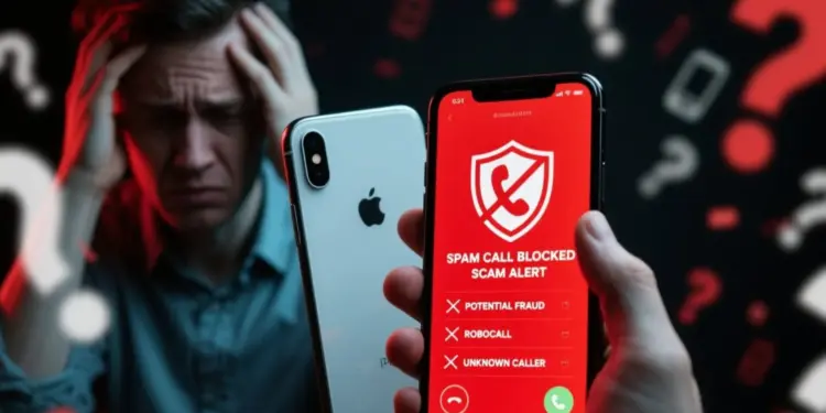 Ilustrasi layar smartphone menampilkan peringatan Spam Call Blocked dan Scam Alert sebagai solusi blokir panggilan penipuan di Android dan iPhone.