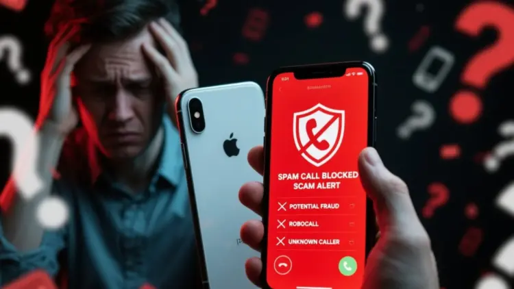 Ilustrasi layar smartphone menampilkan peringatan Spam Call Blocked dan Scam Alert sebagai solusi blokir panggilan penipuan di Android dan iPhone.