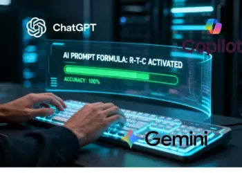 Ilustrasi futuristik cara buat prompt AI menggunakan rumus R-T-C pada ChatGPT, Gemini, dan Copilot dengan indikator akurasi 100 persen.