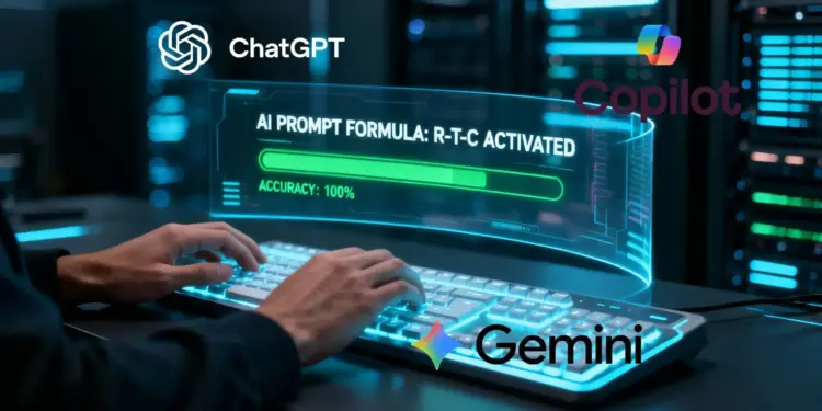 Ilustrasi futuristik cara buat prompt AI menggunakan rumus R-T-C pada ChatGPT, Gemini, dan Copilot dengan indikator akurasi 100 persen.