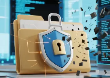 Ilustrasi 3D keamanan siber yang menampilkan folder data dilindungi perisai dan gembok saat proses hapus data di Dark Web untuk mencegah pencurian identitas.