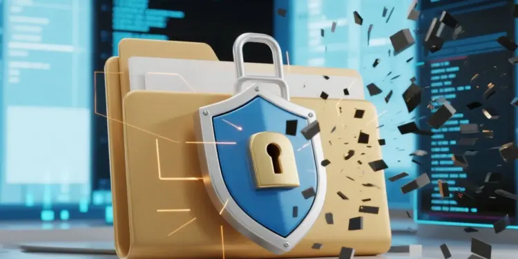 Ilustrasi 3D keamanan siber yang menampilkan folder data dilindungi perisai dan gembok saat proses hapus data di Dark Web untuk mencegah pencurian identitas.