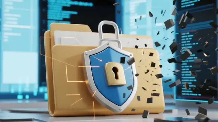 Ilustrasi 3D keamanan siber yang menampilkan folder data dilindungi perisai dan gembok saat proses hapus data di Dark Web untuk mencegah pencurian identitas.