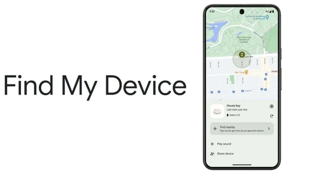 Tampilan antarmuka aplikasi Google Find My Device di smartphone Android yang menampilkan peta lokasi dan opsi keamanan, solusi utama cara melacak HP hilang.