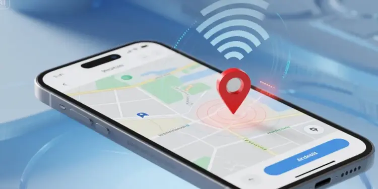 Ilustrasi 3D smartphone yang menampilkan peta digital dengan pin lokasi merah menyala, menunjukkan cara melacak HP hilang dengan cepat dan akurat.