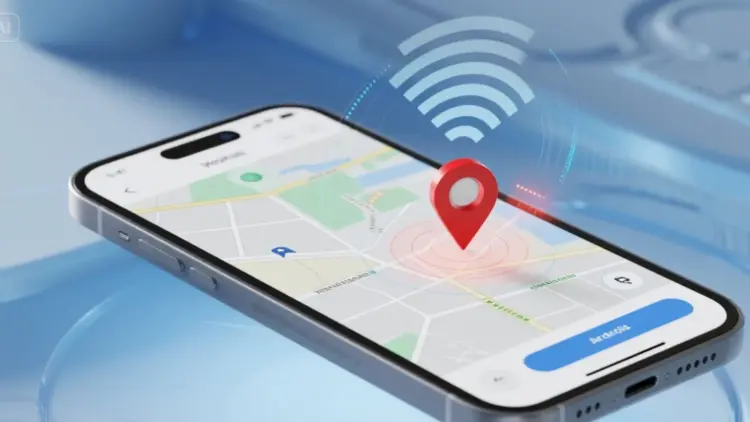 Ilustrasi 3D smartphone yang menampilkan peta digital dengan pin lokasi merah menyala, menunjukkan cara melacak HP hilang dengan cepat dan akurat.