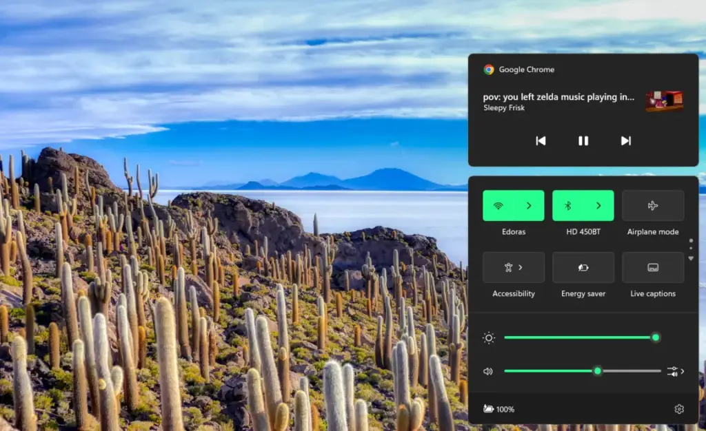 Tampilan panel pengaturan cepat (Quick Settings) di taskbar laptop yang menampilkan slider volume, langkah awal mengatasi laptop tidak ada suara.