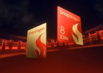 Ilustrasi chipset Snapdragon 8 Gen 5 berwarna emas bersanding dengan Snapdragon 8 Elite Gen 5 merah, solusi HP flagship murah performa tinggi.