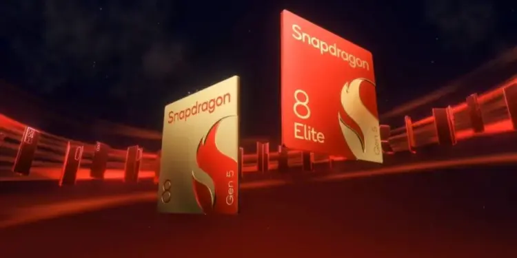 Ilustrasi chipset Snapdragon 8 Gen 5 berwarna emas bersanding dengan Snapdragon 8 Elite Gen 5 merah, solusi HP flagship murah performa tinggi.