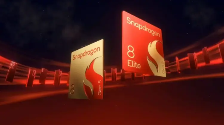 Ilustrasi chipset Snapdragon 8 Gen 5 berwarna emas bersanding dengan Snapdragon 8 Elite Gen 5 merah, solusi HP flagship murah performa tinggi.