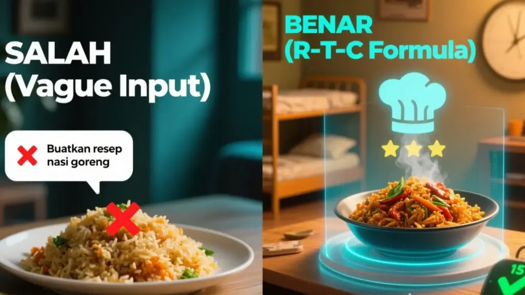 Perbandingan visual input prompt salah (vague) versus cara buat prompt AI yang benar menggunakan rumus R-T-C, diilustrasikan dengan contoh resep nasi goreng koki bintang lima untuk anak kos.