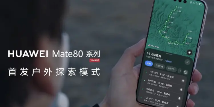 Tampilan layar Huawei Mate 80 yang sedang menjalankan fitur Outdoor Mode dengan peta navigasi dan indikator ketahanan baterai hingga 14 hari.