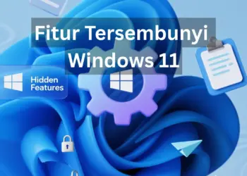 Ilustrasi 3D ikon gear settings dengan teks Fitur Tersembunyi Windows 11, dikelilingi ikon gembok, clipboard, dan pesawat kertas yang melambangkan fitur rahasia produktivitas.
