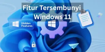 Ilustrasi 3D ikon gear settings dengan teks Fitur Tersembunyi Windows 11, dikelilingi ikon gembok, clipboard, dan pesawat kertas yang melambangkan fitur rahasia produktivitas.