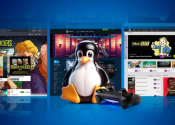Ilustrasi era baru gaming di Linux, menampilkan maskot Linux (Tux) memegang gamepad di depan platform Steam, merayakan pencapaian pangsa pasar 3%.