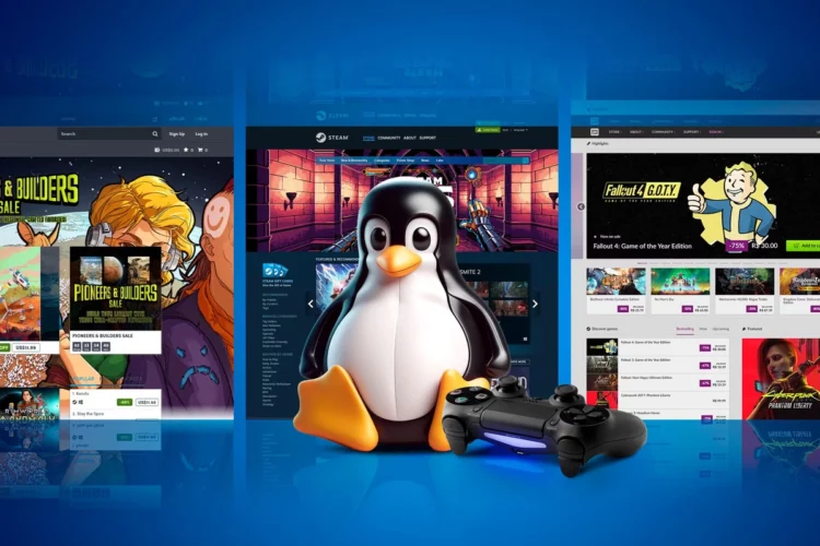 Ilustrasi era baru gaming di Linux, menampilkan maskot Linux (Tux) memegang gamepad di depan platform Steam, merayakan pencapaian pangsa pasar 3%.
