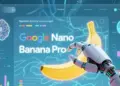 Ilustrasi futuristik antarmuka Google Nano Banana Pro yang menampilkan tangan robotik sedang mendesain visual pisang dan grafik data berbasis AI Gemini 3.