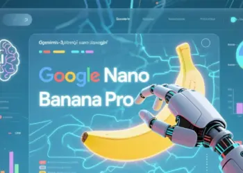 Ilustrasi futuristik antarmuka Google Nano Banana Pro yang menampilkan tangan robotik sedang mendesain visual pisang dan grafik data berbasis AI Gemini 3.