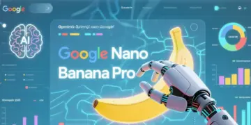 Ilustrasi futuristik antarmuka Google Nano Banana Pro yang menampilkan tangan robotik sedang mendesain visual pisang dan grafik data berbasis AI Gemini 3.