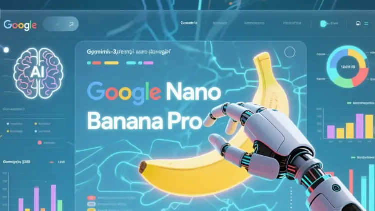 Ilustrasi futuristik antarmuka Google Nano Banana Pro yang menampilkan tangan robotik sedang mendesain visual pisang dan grafik data berbasis AI Gemini 3.